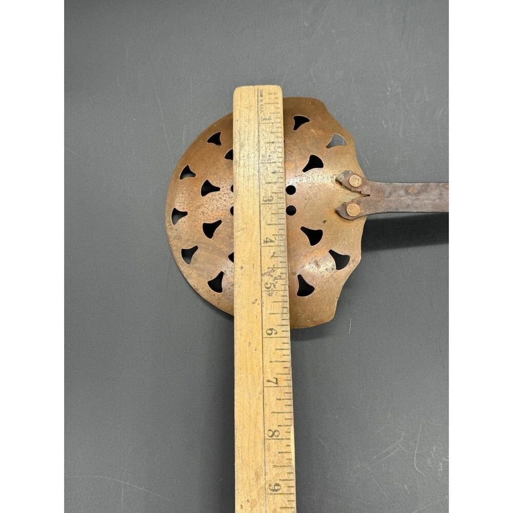 Antique Metal Skimmer Hearth Strainer Spoon, Cutout, Hanging Loop, Copper
